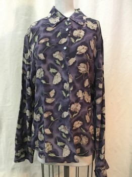 BRIDGETOWN, Purple, Plum Purple, Taupe, Brown, Green, Silk, Floral, Button Front, Collar Attached, Long Sleeves,