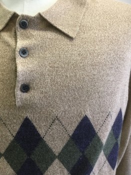 Mens, Pullover Sweater, GEOFFERY BEENE, Beige, Olive Green, Navy Blue, Black, Acrylic, Argyle, 2 Color Weave, 40, Medium, Polo, 3 Buttons,  Long Sleeves,