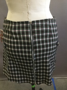 DP GERL, Black, Green, Red, White, Yellow, Polyester, Rayon, Plaid, Mini Skirt with Patch Zip Pockets, Back Upside Down Zipper