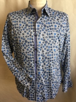 Mens, Casual Shirt, JIMMY AU, Off White, French Blue, Lt Blue, Black, Gray, Cotton, Geometric, Floral, 33-34, 15.5, Collar Attached, Button Front, 1 Pocket, Long Sleeves,