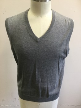 Mens, Sweater Vest, BROOKS BROTHERS, Gray, Cotton, Solid, L, V-neck, Ribbed Knit Neck/Armholes/Waistband