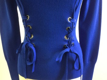 KAREN MILLER, Primary Blue, Cotton, Polyamide, Solid, Rib Knit Front, Crew Neck, Lacing Detail with Grommets at Waist, Long Sleeves, Knit,