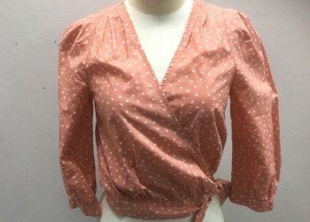 MADEWELL, Peachy Pink, White, Cotton, Stars, Peach with White Stars Repeating Pattern, 3/4 Sleeve, Wrap Top with Wrapped V-neck, Self Ties at Side Waist, Pleated at Shoulder Seams **Barcode on Waistband