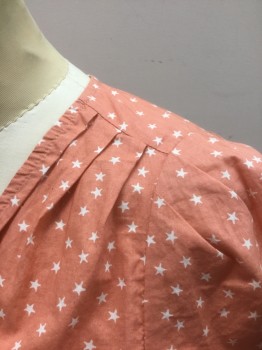 MADEWELL, Peachy Pink, White, Cotton, Stars, Peach with White Stars Repeating Pattern, 3/4 Sleeve, Wrap Top with Wrapped V-neck, Self Ties at Side Waist, Pleated at Shoulder Seams **Barcode on Waistband