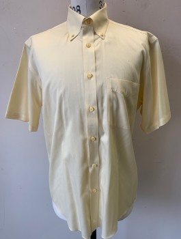 NORDSTROM, Lt Yellow, Cotton, Solid, Ribbed Texture, Short Sleeve Button Front, Collar Attached, Button Down Collar, 1 Patch Pocket