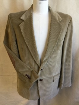 Mens, Sportcoat/Blazer, ACADEMY AWARDS, Khaki Brown, Cotton, Polyester, Solid, 43R, Corduroy, Shimmer Light Gold Lining, Notched Lapel, Single Breasted, 2 Brown Cracked Wood Button Front, 3  (2-w/ Flap), Long Sleeves with Light Brown Oval Patch Elbow & 3 Matching Brown Cracked Buttons at Cuff, 1 Split Center Back Hem