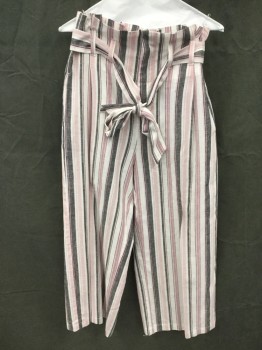 RACHEL ROY, Lt Pink, White, Pink, Mauve Pink, Black, Linen, Cotton, Stripes - Vertical , Paper Bag Pleated High Waist, Belt Loops, 2 Pockets, Self Belt
