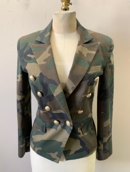 Womens, Blazer, GENERATION LOVE, Olive Green, Brown, Beige, Black, Cotton, Elastane, Camouflage, XS, Twill, Double Breasted, Peaked Lapel, Lightly Padded Shoulders, Gold Embossed Buttons, 3 Pockets, Fitted