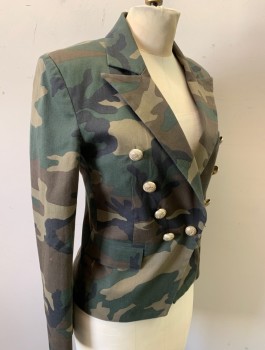 Womens, Blazer, GENERATION LOVE, Olive Green, Brown, Beige, Black, Cotton, Elastane, Camouflage, XS, Twill, Double Breasted, Peaked Lapel, Lightly Padded Shoulders, Gold Embossed Buttons, 3 Pockets, Fitted