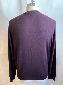 BLOOMINGDALE'S, Aubergine Purple, Wool, Solid, V Neck, Ribbed Knit Neck/Waistband/Cuff, Long Sleeves