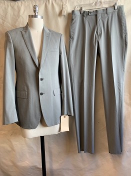Mens, Suit, Jacket, CALVIN KLEIN, Heather Gray, Polyester, Elastane, Solid, 38 R, Peaked Lapel, Collar Attached, 2 Buttons,  3 Pockets,