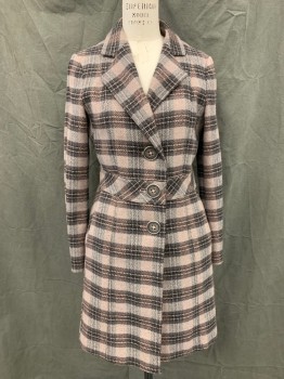 MAX & CO, Dusty Pink, Black, Lt Gray, Wool, Polyester, Plaid, Single Breasted, Large Silver Buttons, Collar Attached, Notched Lapel, Waist Panel, 2 Pockets, Long Sleeves