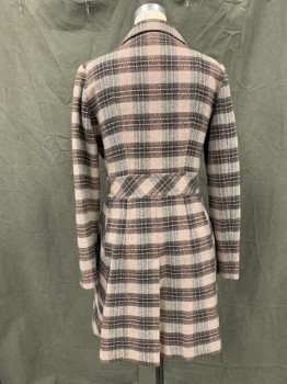 MAX & CO, Dusty Pink, Black, Lt Gray, Wool, Polyester, Plaid, Single Breasted, Large Silver Buttons, Collar Attached, Notched Lapel, Waist Panel, 2 Pockets, Long Sleeves