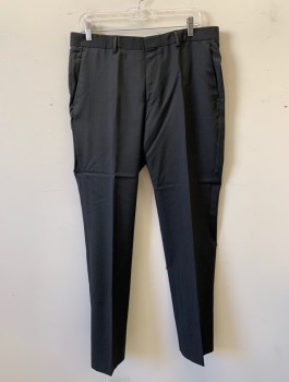 Mens, Suit, Pants, Smoky Black, Wool, Solid, Ins:33, W:34, Flat Front, Slim Leg, Zip Fly, 4 Pockets, Belt Loops