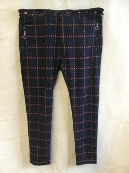 Mens, Casual Pants, TOPMAN, Black, Dk Red, Dk Orange, Beige, Polyester, Wool, Plaid-  Windowpane, 38/32, 1.5" Waistband with Adjustable Side Belt & Silver Button, Flat Front, Black Button Front, 2 Vertical Side Pockets with Zipper & Silver Ring, 1 Pocket Back