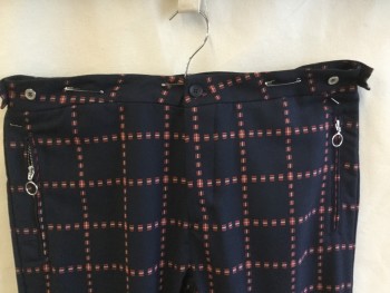 TOPMAN, Black, Dk Red, Dk Orange, Beige, Polyester, Wool, Plaid-  Windowpane, 1.5" Waistband with Adjustable Side Belt & Silver Button, Flat Front, Black Button Front, 2 Vertical Side Pockets with Zipper & Silver Ring, 1 Pocket Back