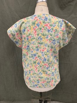 Womens, Nurse, Top/Smock, LIFE, Green, Blue, Tan Brown, Mauve Pink, Pink, Poly/Cotton, Floral, L, Snap Front, Scoop Neck, Short Sleeves, 2 Pockets