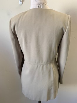 Womens, 1990s Vintage, Suit, Jacket, DONNA TORAN, Beige, Polyester, Solid, W28, B38, Sz10, Single Breasted, Gabardine, 9 Plastic Buttons with Loops