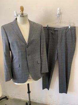 BEN SHERMAN, Blue-Gray, Multi-color, Wool, Glen Plaid, Suit Coat, 3 Buttons, 3 Pockets, Notched Lapel, 3 Button Sleeves, Double Vent