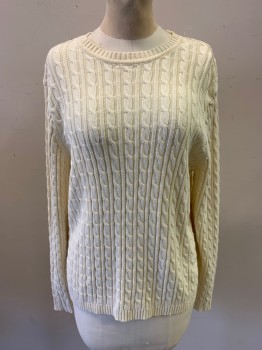 NL, Cream, Acrylic, Cable Knit, Long Sleeves, Crew Neck, Rib Knit Collar Cuffs and Waistband