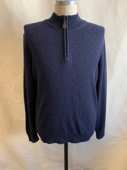 Mens, Pullover Sweater, JOS. A. BANK, Navy Blue, Navy Blue, Wool, Solid, M, Zip Front, V-N, Light Blue Threading