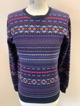 Mens, Pullover Sweater, PAUL SMITH, Purple, Navy Blue, Hot Pink, Orange, Gray, Cashmere, Wool, Geometric, M, Crew Neck, Long Sleeves,