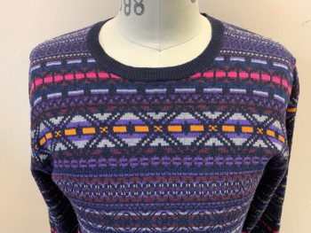 Mens, Pullover Sweater, PAUL SMITH, Purple, Navy Blue, Hot Pink, Orange, Gray, Cashmere, Wool, Geometric, M, Crew Neck, Long Sleeves,