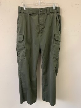 5.11 Tactical, Dk Olive Grn, Polyester, Cotton, Solid, Tactical Pants, Zip Fly, Belt Loops, 5 + Pockets (including 2 Cargo Pockets & 4 Back Welt Pockets)