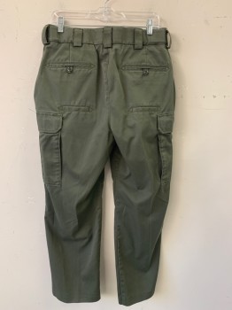 5.11 Tactical, Dk Olive Grn, Polyester, Cotton, Solid, Tactical Pants, Zip Fly, Belt Loops, 5 + Pockets (including 2 Cargo Pockets & 4 Back Welt Pockets)