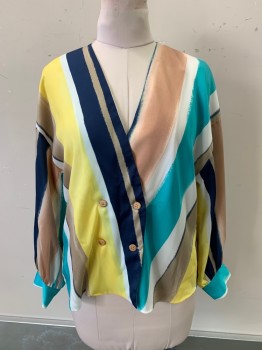 Womens, Blouse, ZARA, Turquoise Blue, Dk Beige, Yellow, Navy Blue, White, Polyester, Stripes, L, V-N, L/S, 4 Wooden Buttons,