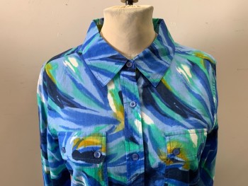 CALVIN KLEIN, Blue, Green, Dk Blue, Dijon Yellow, White, Cotton, Abstract , Button Front, Collar Attached, Long Sleeves, 2 Pockets with Flaps, Water Color, Brush Strokes Print