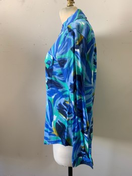 CALVIN KLEIN, Blue, Green, Dk Blue, Dijon Yellow, White, Cotton, Abstract , Button Front, Collar Attached, Long Sleeves, 2 Pockets with Flaps, Water Color, Brush Strokes Print
