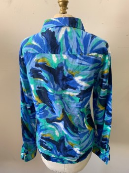 Womens, Blouse, CALVIN KLEIN, Blue, Green, Dk Blue, Dijon Yellow, White, Cotton, Abstract , S, Button Front, Collar Attached, Long Sleeves, 2 Pockets with Flaps, Water Color, Brush Strokes Print