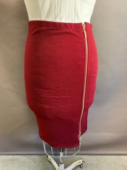 Womens, Skirt, Below Knee, OLIVIA BLU, Red Burgundy, Polyester, Spandex, 1XL, Self Stitched Stripe, Off Center Gold Zipper, Pencil Skirt