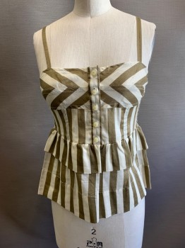 Womens, Top, MARC BY MARC JACOBS, White, Brown, Ecru, Cotton, Stripes - Vertical , B 30, 0, Sleeveless, with Adjustable Straps, Elastic Rouched Back, Decorative Buttons Center Front, Tiered Ruffles