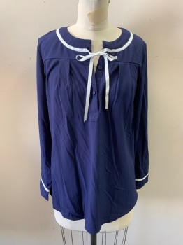 Womens, Top, ZEAGOO, Navy Blue, White, Polyester, Spandex, Solid, S, Navy with White Twill Tape Trim, Button Front Placket, Self Tie Neck Long Sleeves,