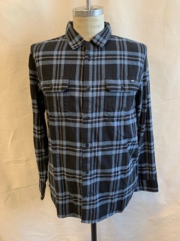 VANS, Black, French Blue, White, Cotton, Plaid, Collar Attached, Long Sleeves, Button Front, 2 Pockets