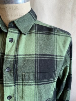 STANDARD CLOTH, Olive Green, Black, Cotton, Plaid, Flannel, Button Front, Collar Attached, Long Sleeves, Button Cuff, 1 Pocket