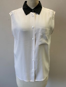 Womens, Blouse, EQUIPMENT, Cream, Black, Silk, Solid, S, Sleeveless, Button Front, Contrasting Black Collar Attached, 1 Patch Pocket