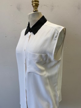 Womens, Blouse, EQUIPMENT, Cream, Black, Silk, Solid, S, Sleeveless, Button Front, Contrasting Black Collar Attached, 1 Patch Pocket