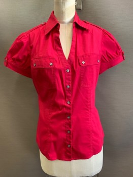 Womens, Blouse, EXPRESS, Fuchsia Pink, Cotton, Solid, M, S/S, Button Front, Collar Attached, Chest Pockets