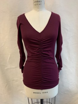 Womens, Top, CLUB MONACO, Aubergine Purple, Wool, Polyester, Solid, S, Pull On, V-N, L/S, Gathered Front And Sleeves