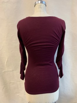 Womens, Top, CLUB MONACO, Aubergine Purple, Wool, Polyester, Solid, S, Pull On, V-N, L/S, Gathered Front And Sleeves