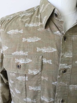 Mens, Casual Shirt, GEORGE, Khaki Brown, White, Cotton, Novelty Pattern, 42-44, L, Khaki Background with White Fish Print, Button Front, Long Sleeves, Collar Attached, 2 Flap Pockets, Button Tab Sleeve for Roll Up