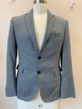 Mens, Sportcoat/Blazer, HUGO BOSS, Gray, White, Lt Blue, Wool, Grid , 40S, L/S, 2 Buttons, Single Breasted, Notched Lapel, 3 Pockets,