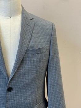 Mens, Sportcoat/Blazer, HUGO BOSS, Gray, White, Lt Blue, Wool, Grid , 40S, L/S, 2 Buttons, Single Breasted, Notched Lapel, 3 Pockets,