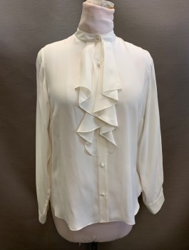 FRAME, Off White, Silk, Solid, Band Collar, Button Front, L/S, Ruffle Jabot Attached, 2 Button Cuffs, Pleated Back