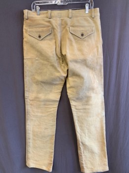 Mens, Historical Fiction Pants, NL, Tan Brown, Cotton, Solid, 34, 34, F.F, Button Front, Belt Loops, 2 Side Pockets, 2 Back Flap Pockets, Aged
