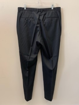 HUGO BOSS, Charcoal Gray, Wool, Heathered, F.F, Side And Back Pockets, Zip Front, Belt Loops