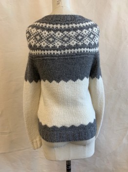 Womens, Sweater, J. CREW, White, Gray, Acrylic, Alpaca, Color Blocking, XS, Round Neck, 6 Snap Front, 5 Gold Buttons, 2 Pockets